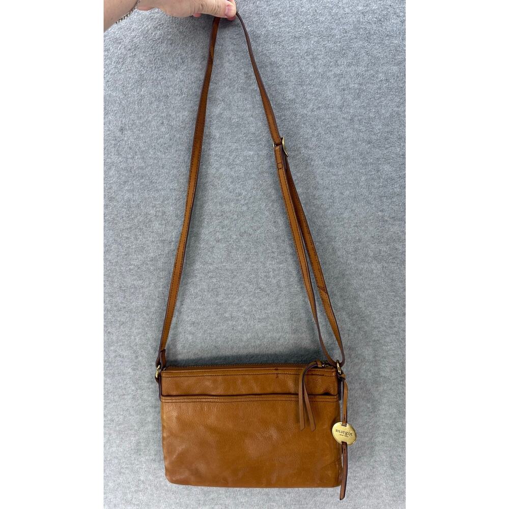 Margot NY Double Zip Tan Small Leather Crossbody Cognac Classic 10.5"x7.5"